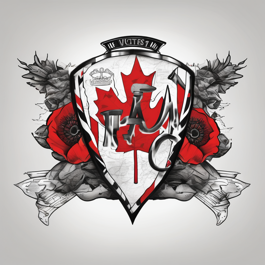 I AM Invictus Games tattoo with Canada and UK flag. Include poppies and RAF logo second skin tattoo, AI-generated Black and White tattoo design